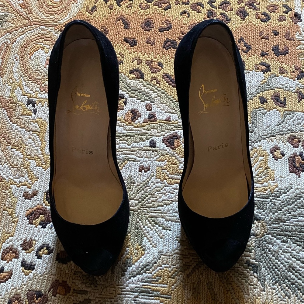 Black Suede Christian Louboutin Peep Toe Pumps